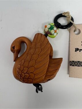 Netsuke Swan Hand Carved Box Wood W Hand Made Lampwork Glass Bead Hawaii Horn